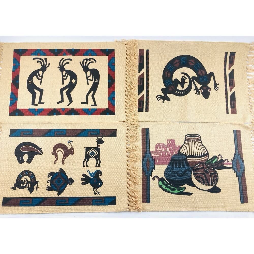 4 El Paso Saddle Blanket KOKOPELLI Placemats Woven Southwestern Turquoise Lizard